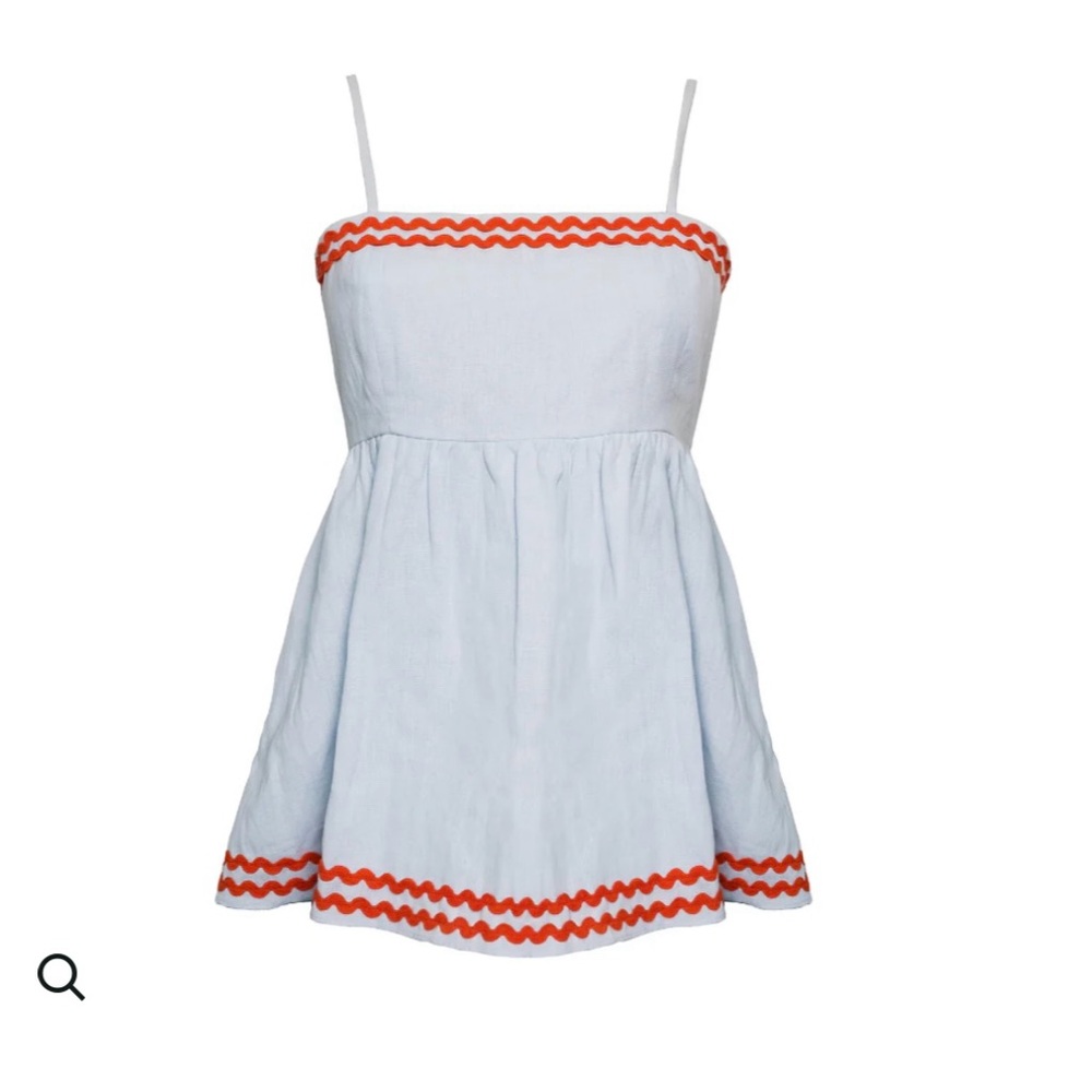 MASON'S DAUGHTER Peplum Top, Sky Blue Linen with Red Ric Rac Size M NWT